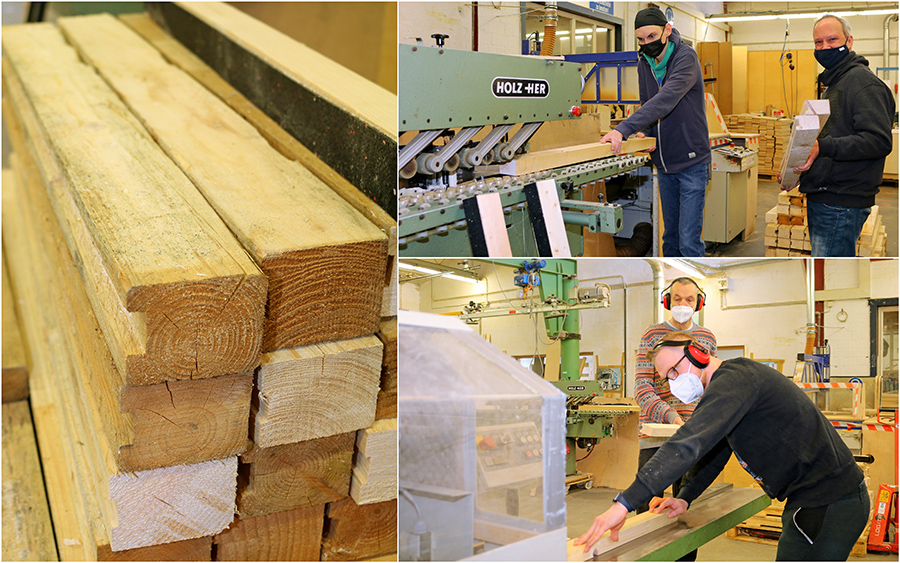  Unsere Beschäftigten zeigen an den Maschinen, wie das Holz verarbeitet wird. 
